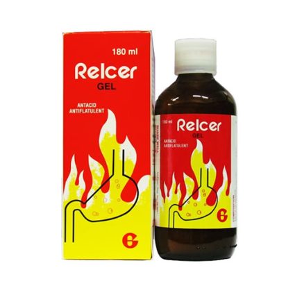 Relcer Gel bottle and matching red‑yellow box with a flame graphic, 180 ml.