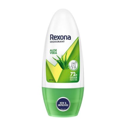 Rexona Aloe Vera roll-on deodorant bottle with a green base and cap, displaying 72h odour protection and a 'New & Improved' badge.