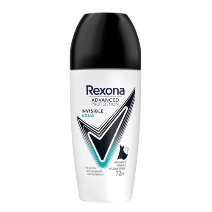 Rexona Advanced Protection Invisible Aqua antiperspirant stick in a white bottle with a black cap, aqua accents on the label.