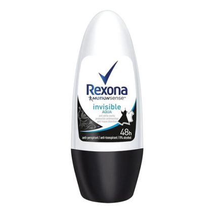 Rexona invisible aqua antiperspirant roll-on bottle with white cap and black base, 48h protection.