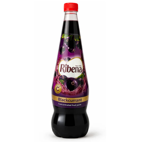 Ribena Blackcurrant Fruit Drink 1L Bottle - Imavug Bottle of Ribena blackcurrant concentrated fruit juice with red cap on a white background