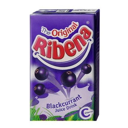 Carton of Ribena Blackcurrant Juice Drink with purple packaging and bold red logo on top.