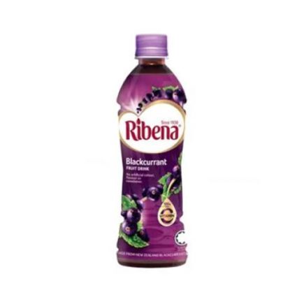 Ribena blackcurrant fruit drink bottle with purple label and cap on a white background.