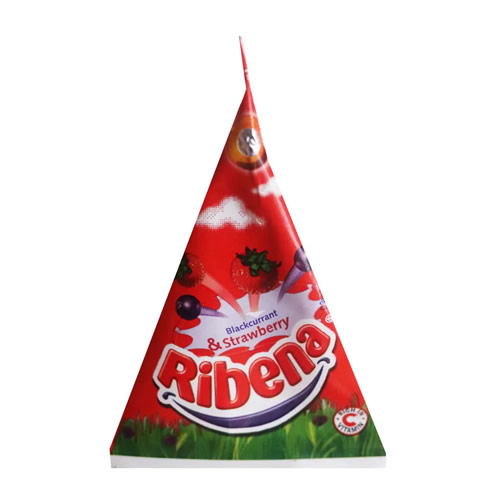 Ribena Blackcurrant Strawberry Fruit Drink 125ml - Imavug Triangular red Ribena juice pouch featuring the Ribena logo and images of blackcurrants and strawberries.