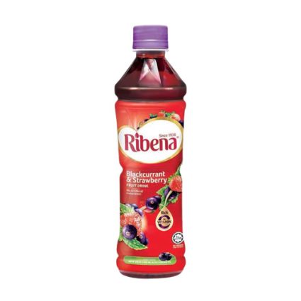 Ribena blackcurrant and strawberry fruit drink bottle with purple cap and labeled logo front and center