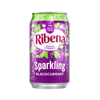 Purple Ribena Sparkling Blackcurrant can with green top, brand logo, and berry graphics indicating vitamin C.