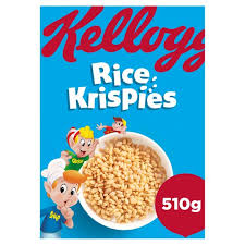 Kellogg's Rice Krispies cereal box on a blue background, showing a bowl of puffed rice and a 510 g label