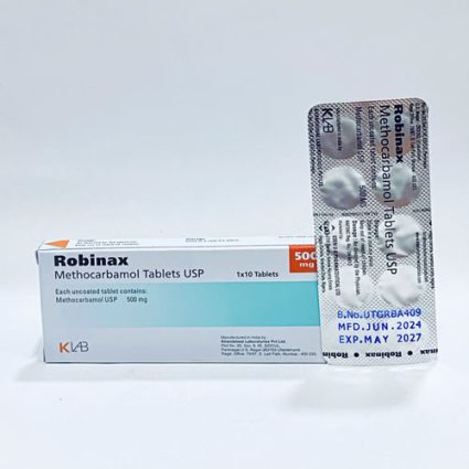 Box of Robinax Methocarbamol Tablets USP 500 mg with a blister pack of tablets next to it, showing batch/expiry details on the blister.