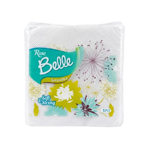 Rose Belle 1 Ply Serviettes - Imavug Pack of Rose Belle serviettes (napkins) with a colorful floral design on white tissue, labeled 1 ply.