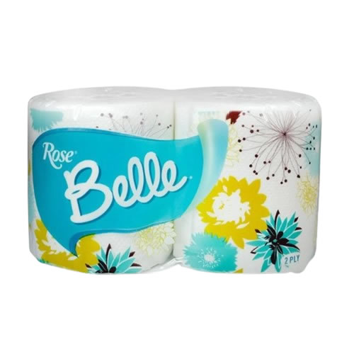 Rose Belle 2 Ply Tissue Paper - Imavug Two-roll package of Rose Belle toilet paper with a blue label and floral pattern.