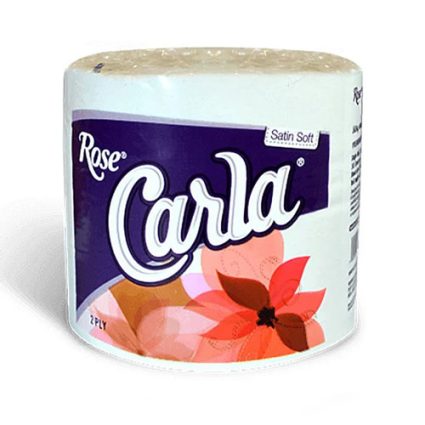 Two-ply Rose Carla toilet paper roll with a purple label and floral design on the packaging