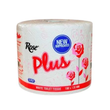 White, 3-ply toilet tissue roll labeled 'Rose Plus' with pink roses and a 'New Improved' badge.