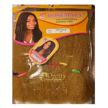 Package of Rosemary brand kinky hair extensions (color 27), with model photo on the packaging and gold-brown bundles visible through the bag.