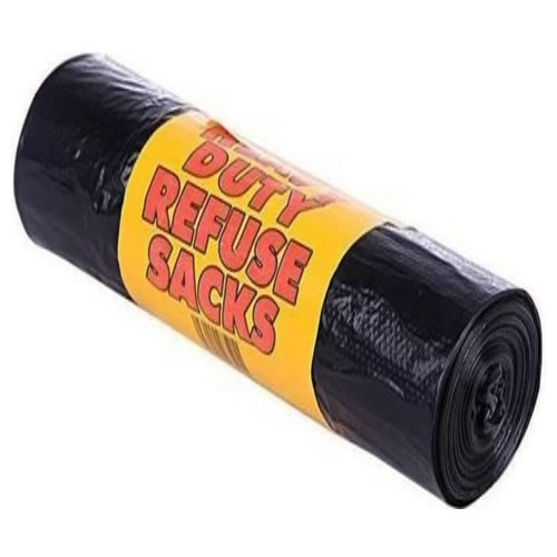 Royal Markets Heavy Duty Refuse Black Bags - Imavug Roll of black refuse sacks with a yellow label reading 'Refuse Sacks'.