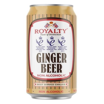 Can of Royalty Ginger Beer, non-alcoholic, with gold striped label and 'Best Served Chilled' note on the can.