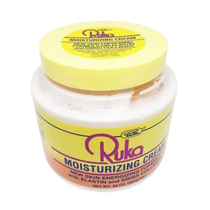 Yellow-lidded jar of Ruka Moisturizing Cream with a pastel yellow label, 20 oz, for skin moisturizing.