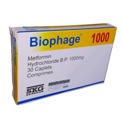 Box of Biophage Metformin HCl 1000 mg, 30 caplets, SKG Pharma, for diabetes management (medication package).