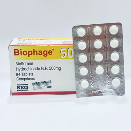 Box labeled Biophage 50 Metformin Hydrochloride 500 mg, 84 tablets, with a blister pack of white tablets beside it.