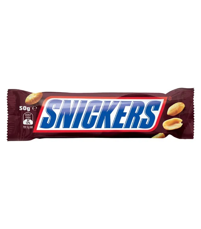SNICKERS CHOCOLATE 50G - Imavug Snickers chocolate bar in its brown wrapper with the blue SNICKERS logo and peanuts on the sides (50 g).