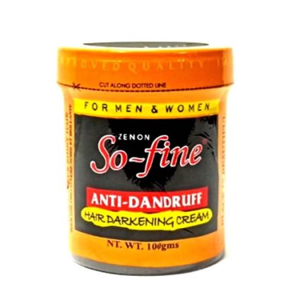 Orange jar labeled Zenon So-fine Anti-Dandruff Hair Darkening Cream for men and women, net weight 100 g, bold black label with red and white text.
