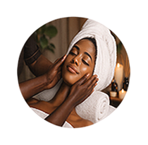 Woman enjoying a facial massage at a spa, eyes closed with a towel wrapped around her head.