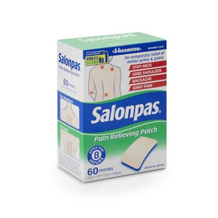Salonpas Pain Relieving Patch box (60 patches) with blue/green design and torso illustration on the front.
