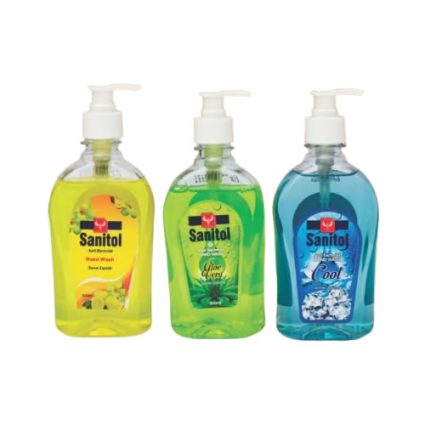 Three Sanitol hand wash bottles with pump dispensers in yellow, green, and blue, standing side by side.