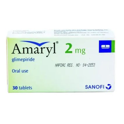 Box of Amaryl 2 mg glimepiride tablets for oral use, 30 tablets, Sanofi.