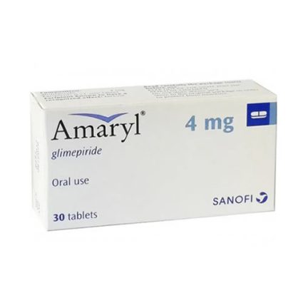 Box of Amaryl (glimepiride) 4 mg, oral tablets, 30 tablets per box, SANOFI logo present.