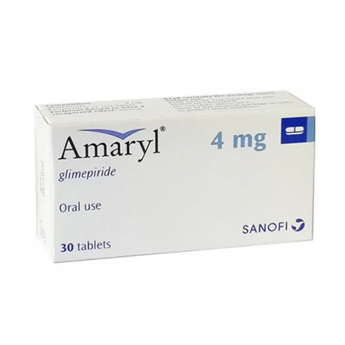 Sanofi Amaryl 4mg High-Strength Blood Sugar Regulating Tablets Per Blister Card - Imavug Box of Amaryl (glimepiride) 4 mg, oral tablets, 30 tablets per box, SANOFI logo present.