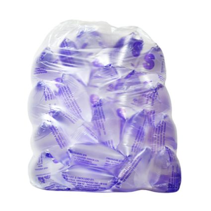 Clear plastic bag filled with individually wrapped purple candies.