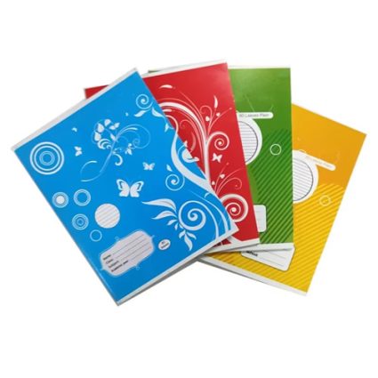 Four colorful file folders with white decorative patterns (blue, red, green, and yellow) stacked together.