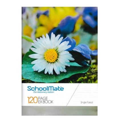 Notebook cover with a white daisy on green leaves and a colorful blurred background; 'Schoolmate' branding and '120 Page Exercise Book' text