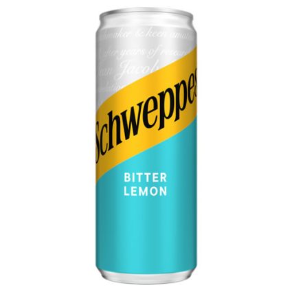 Schweppes Bitter Lemon soda can with white top, yellow diagonal band, and turquoise lower half