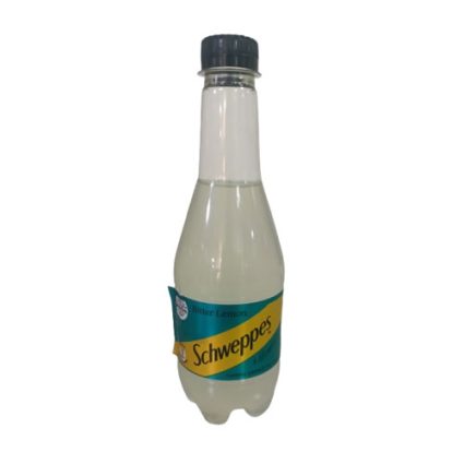 Plastic bottle of Schweppes Bitter Lemon soda with a teal and yellow label.