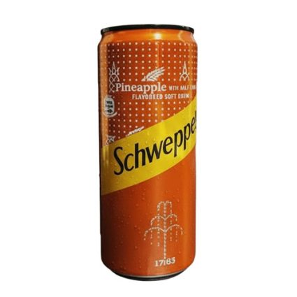 Orange Schweppes pineapple-flavored soft drink can with a yellow diagonal logo band and small pineapple icon.