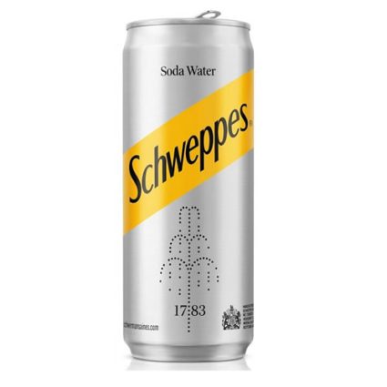 Schweppes Soda Water can with silver body and yellow diagonal Schweppes logo
