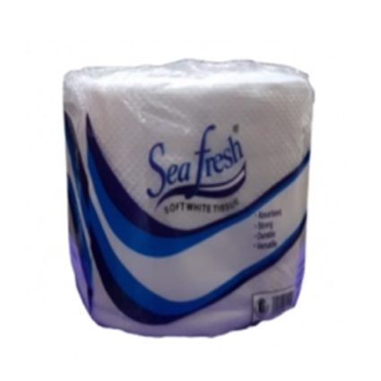 Sea Fresh soft white toilet tissue roll in blue and white packaging with wave design