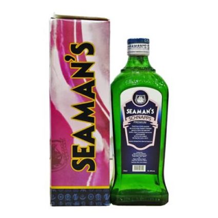Green bottle of Seagram's Schnapps with a blue-and-white label, placed next to a pink Seagram's box on a white background.