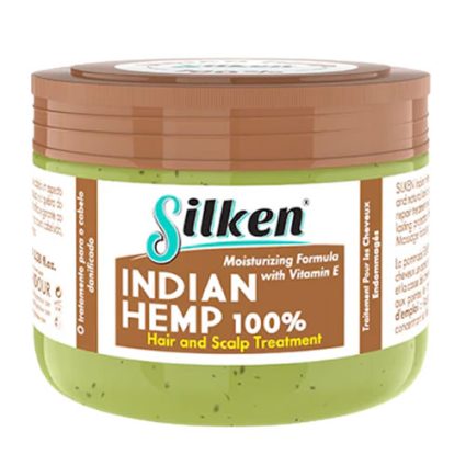 Jar of Silken Indian Hemp 100% Hair and Scalp Treatment with vitamin E, green gel visible at the base and a brown lid