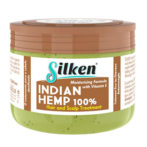 Silken Indian Hemp Hair and Scalp Treatment 100ml - Imavug Jar of Silken Indian Hemp 100% Hair and Scalp Treatment with vitamin E, green gel visible at the base and a brown lid