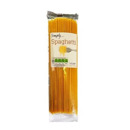 Clear plastic package of spaghetti noodles with a Simply... Spaghetti label on the front.