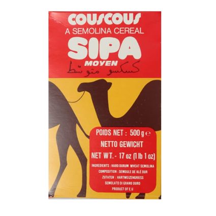 Red and yellow SIPA Moyen couscous box with camel illustration and bold white text, 500 g net weight, Semolina cereal.