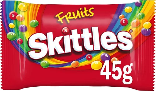 Skittles Fruits 45g Chewy Fruity Candy with Assorted Flavors - Imavug Skittles Fruits candy bag, 45g, with rainbow swoosh and colorful candies on red packaging.