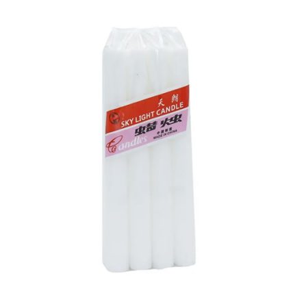 Pack of six white taper candles in plastic wrap with a red label reading 'Sky Light Candle'
