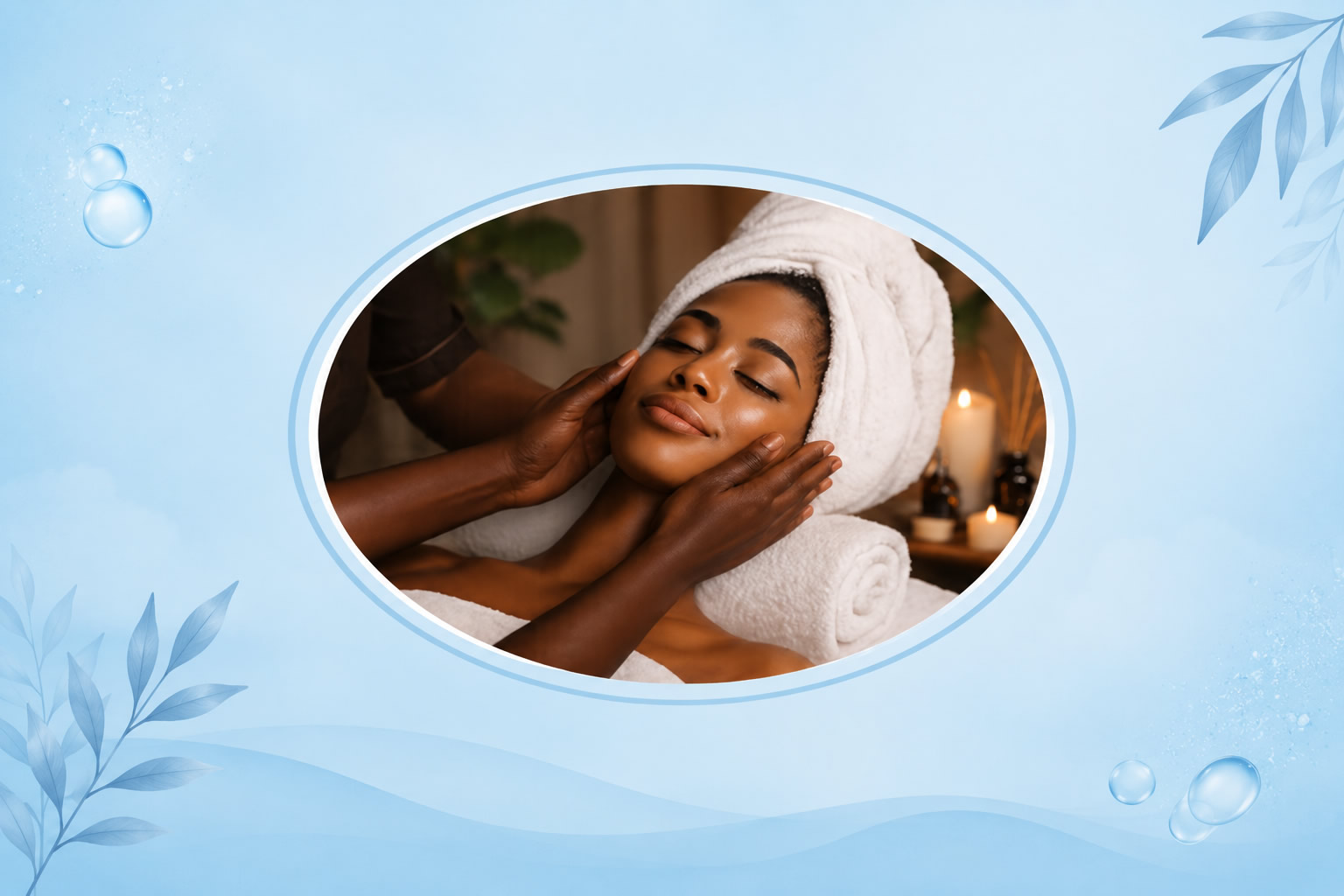 Woman relaxing with a facial massage, eyes closed, wrapped in a towel at a spa with candlelit background.