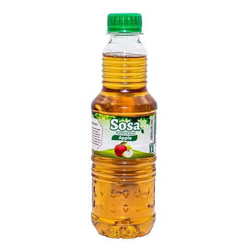 Sosa Apple Fruit Drink 33cl PET Bottle - Imavug Plastic bottle of Sosa Apple juice with a green cap and amber liquid on a white background.
