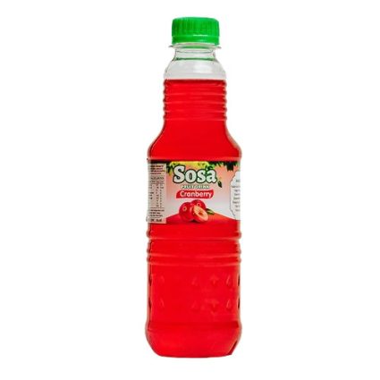 Plastic bottle of cranberry juice drink with a green cap and Sosa label, front view.