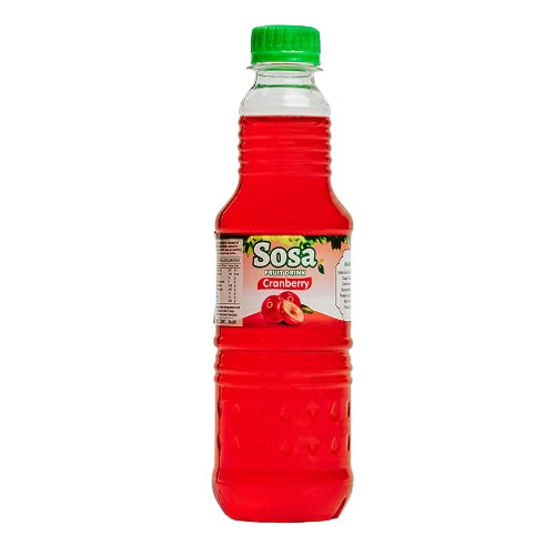 Sosa Cranberry Fruit Drink 33cl PET Bottle - Imavug Plastic bottle of cranberry juice drink with a green cap and Sosa label, front view.