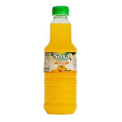 Plastic bottle of Sosa orange fruit drink with a green cap and bright orange liquid visible through the bottle's ribbed design.